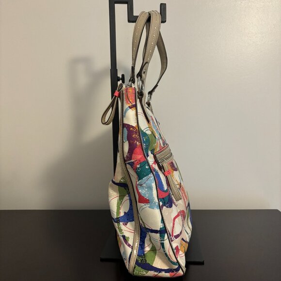 Coach Poppy Colorful Signature Canvas Hallie East/West Taupe Patent Leather Tote - Picture 3 of 14